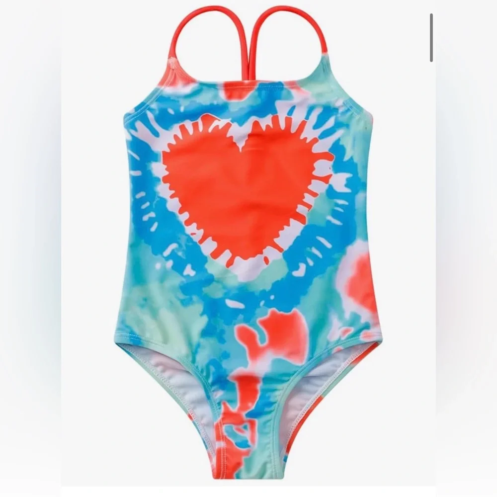 Kids Heart Print Swimsuit - Blue and Red